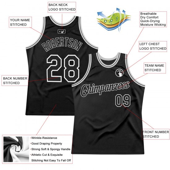 Custom Black Black-Silver Gray Authentic Throwback Basketball Jersey